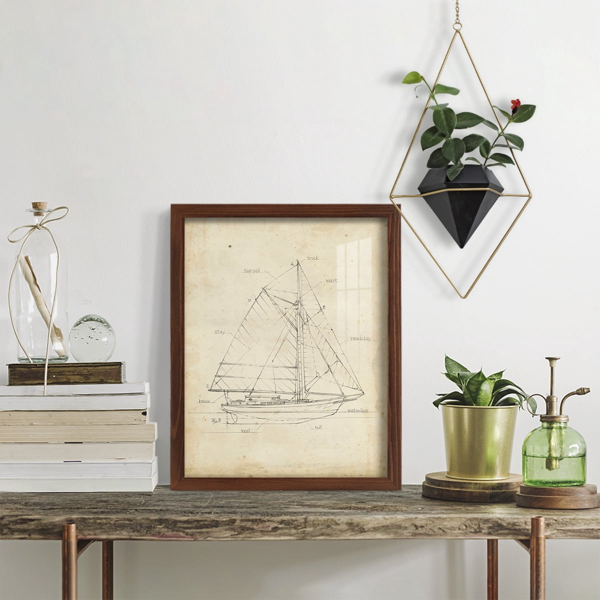 Sailboat Blueprint III -Framed Print w/glass-Chestnut