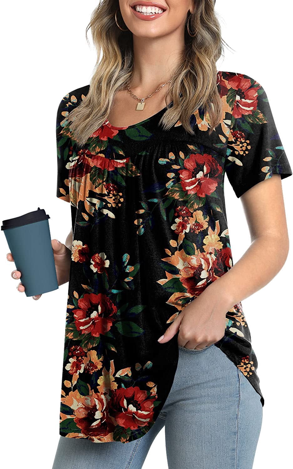 JuneFish Women's Summer Pleated Short Sleeve Tunic Tops Flare Blouse