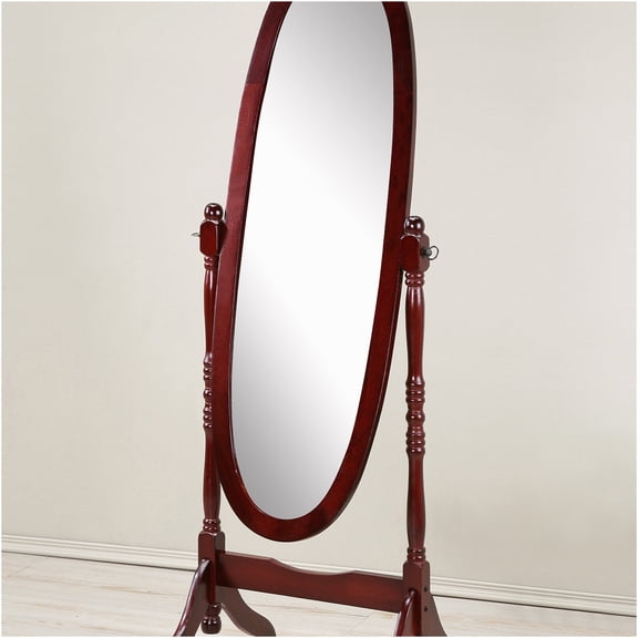 JERFIT Queen Anne Cheval Floor Mirror with Tilt Function, Full-Length Oval Standing Mirror for Bedroom, Freestanding Dressing Mirror in Warm Cherry Finish, Traditional Wood Mirror