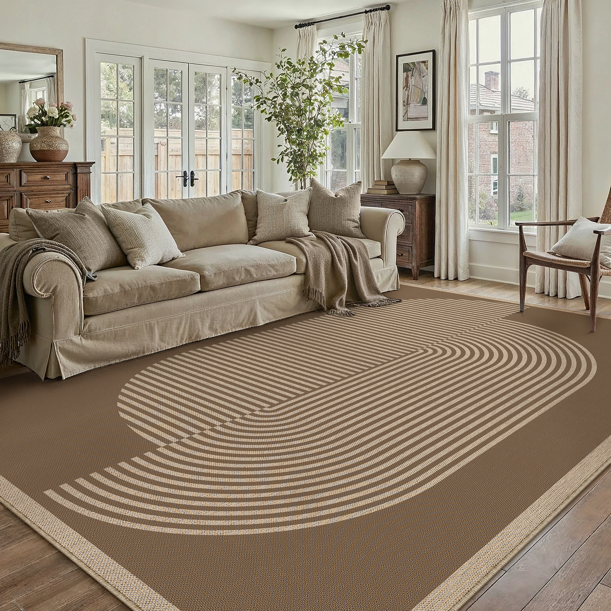 BERTHMEER 5'x7' Easy Jute Area Rugs, Washable Rugs for Living Room Farmhouse Neutral Carpet Non Slip Contemporary Geometric Stripes Brown Rugs for Office Bedroom Dining Room