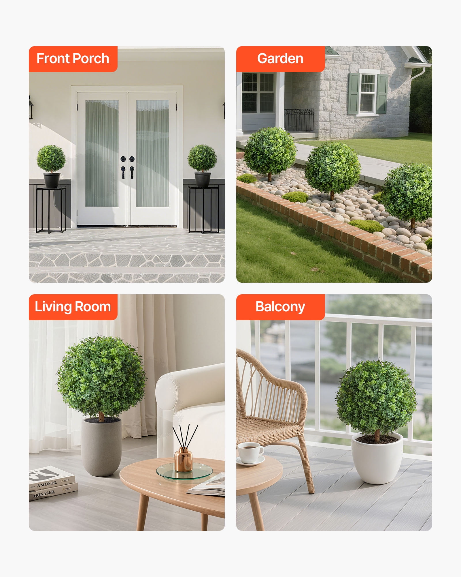 VEVOR Artificial Topiary Boxwood Trees with Ground Spike, 22 inch 2 Set Faux Shrubs & Bushes Potted Plants, Fake Silk Tree Look Real for Decor Front Porch Outdoor Indoor Patio Garden Balcony Backyard