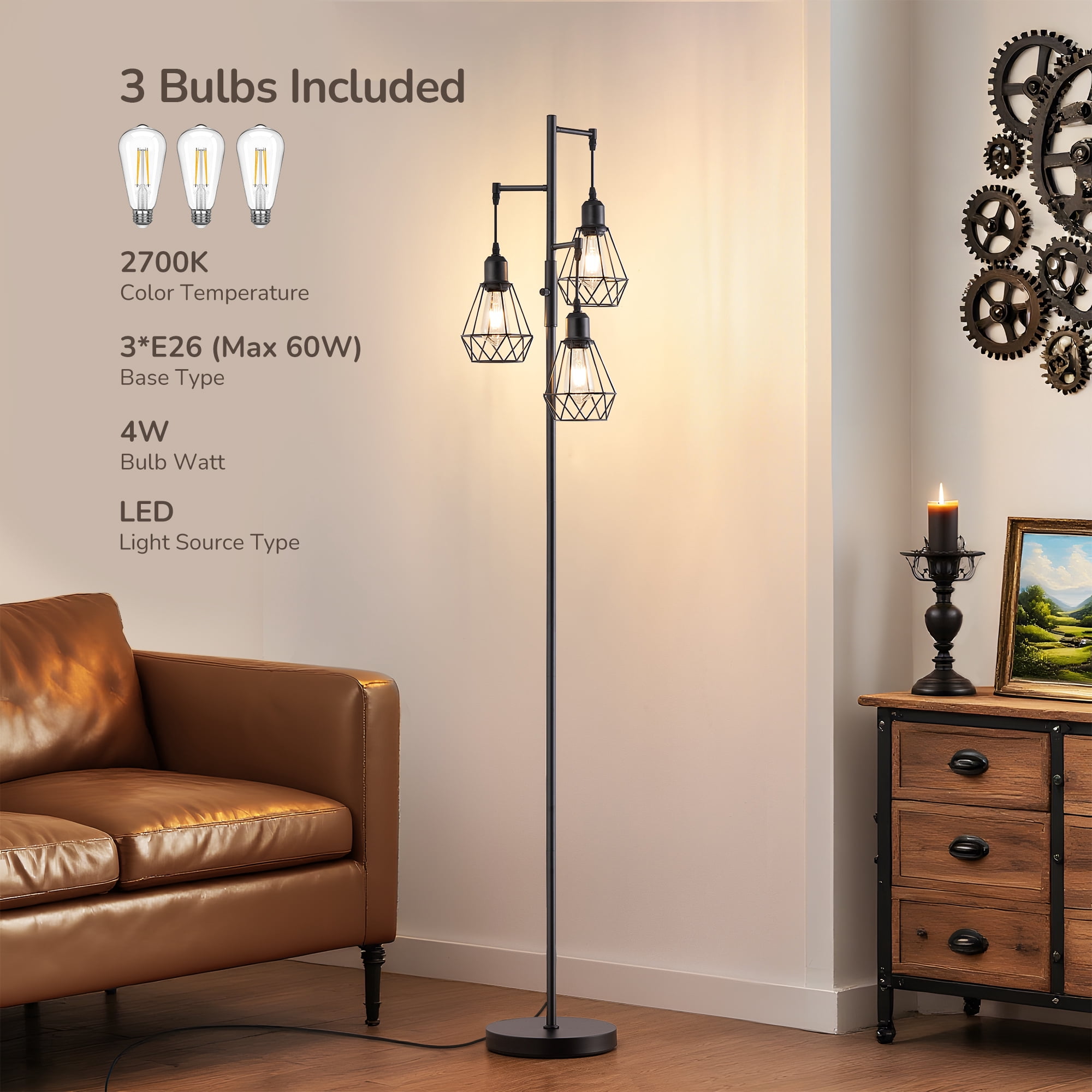 EDISHINE 70IN Farmhouse Industrial Floor Lamps for Living Room, Dimmable, Metal Standing Tree Lamp for Bedroom, Office, Home Decor, Lighting, 3 LED Edison Bulbs Included, Black
