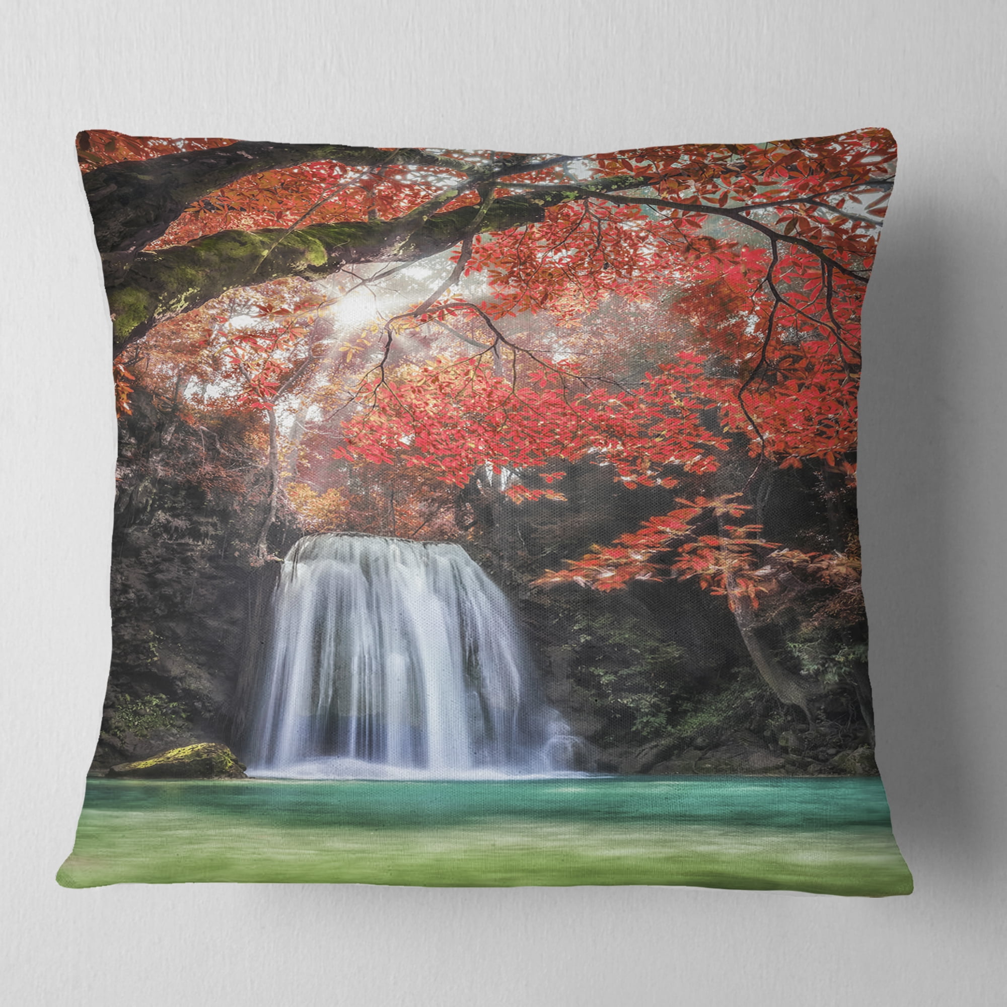 Designart Erawan Waterfall - Photography Throw Pillow - 18x18
