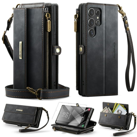 Dteck Wallet Case with Tempered Glass Screen Protector for Samsung Galaxy S25 Ultra,Magnetic Leather RFID Blocking Card Slots Case Stand Bag Cover with Crossbody and Wrist Strap for Women Girls,Black