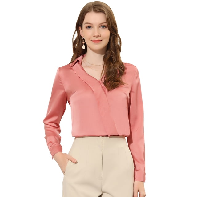 Blusa de oficina de satén Allegra K elegante cuello en V manga larga top de trabajo Rosa coral L