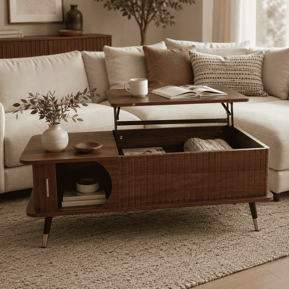 39.4'' Walnut Lift-Top Coffee Table with Hidden Storage and Open Side Shelf
