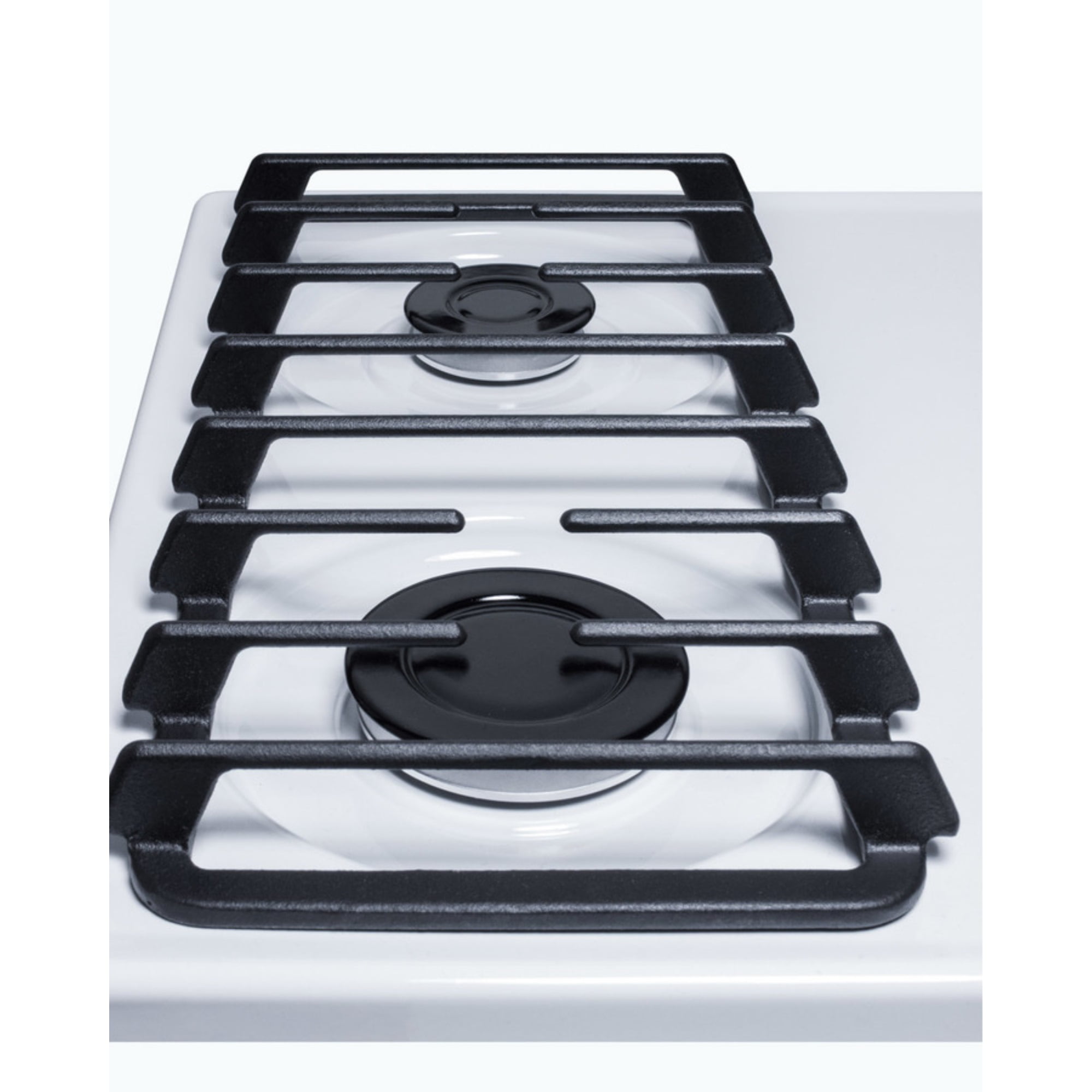 24" wide gas cooktop with four sealed burners, white porcelain surface, and cast iron grates; made in the USA