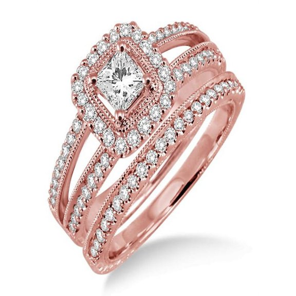 2.00 carat Antique Bridal set Halo Ring with Round Cut diamond in 10k Rose Gold