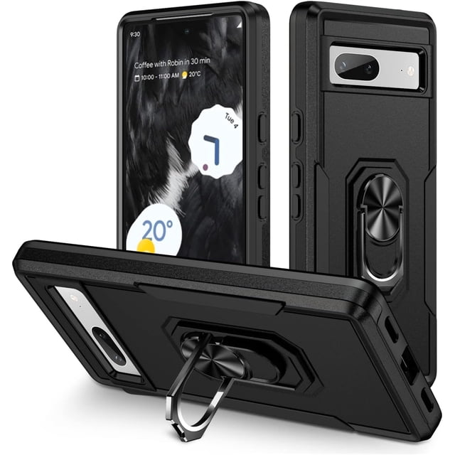 KOMI pour Google Pixel 8, Étui avec Protecteur d'Écran, Béquille Anneau Réglable à 360° Intégrée, Protection Militaire, Armure Antichoc - Noir