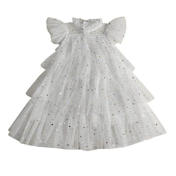 CAIVO Toddler Girls Fly Sleeve Star Paillette Princess Dress Dance Party Ruffles Dresses Sundress Soft Child Daily Wear