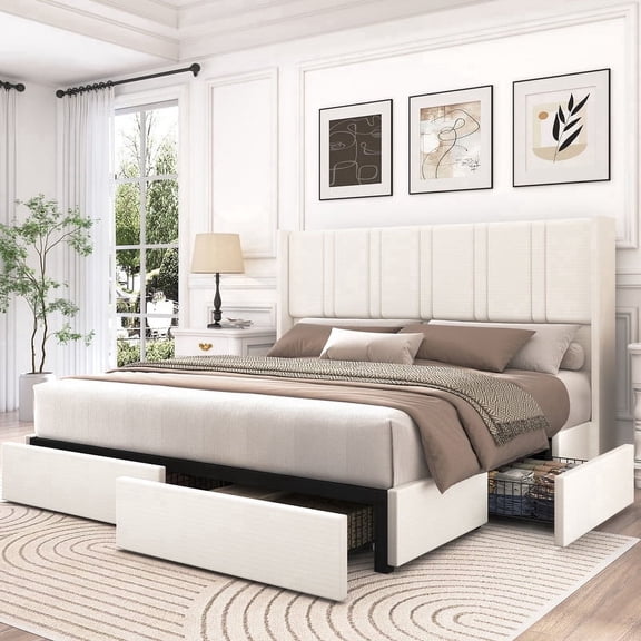 Breltam King Size Upholstered Platform Bed Frame with 4 Storage Drawers and Vertical Linen Wingback Channel Tufted Headboard