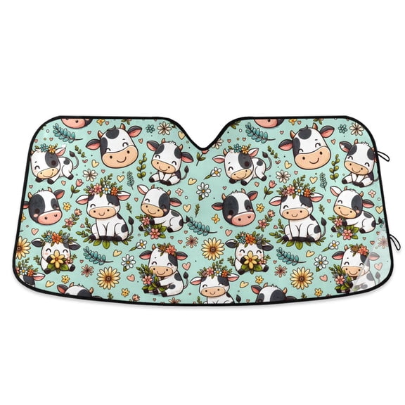 Cute Cow in Plants Car Windshield Sun Shade Foldable Car Front Window Visor Heat and UV Protection 53x23.5