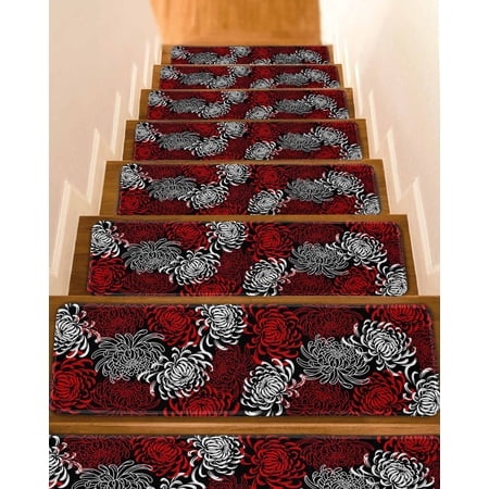 Red White Stair Treads for Wooden Steps Indoor Runner Rug Carpet Abstract Black Chrysanthemum Flower Floral 4 Pieces Peel and Stick Staircase Step Treads Covers Washable Throw Door Mats 30 x8