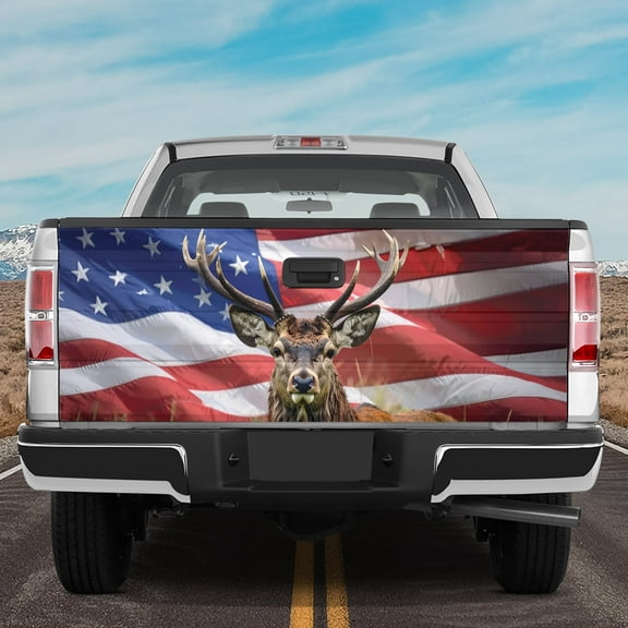 Lotusprinthandmade Patriotic Deer Hunting America Flag Tailgate Wrap 2 Sizes (24"x58"), Patriotic Truck Decal