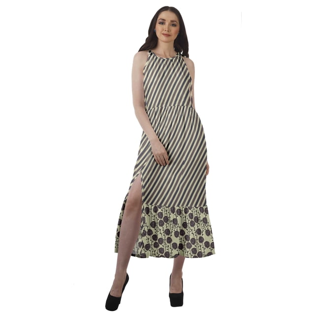 Moomaya Robe Longue Imprimée pour Femmes, Fente avant, Aguichant, Sans Manches, en Rayonne, Robe de Mariage