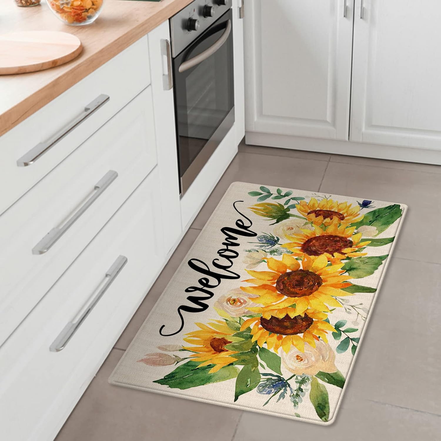 Welcome Fall Sunflower Decorative Front Door Mat, Autumn Floral Flowers Doormat Indoor Outdoor Rose Non-Slip Floor Entryway Rug, Spring Summer Home Kitchen Decoration 17x29 Inch