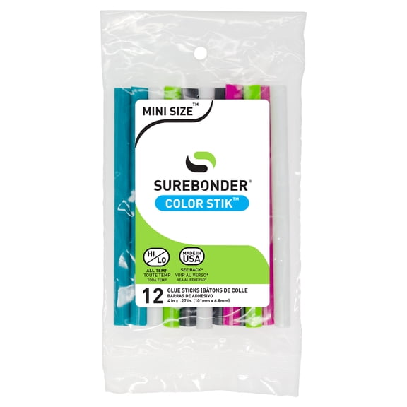Surebonder Color Glue Sticks - Blue, Green, Pink, Black and White - Mini Size 4" - 12 Pack Variety - For Creative Decorating, Made in USA (CO-12V)