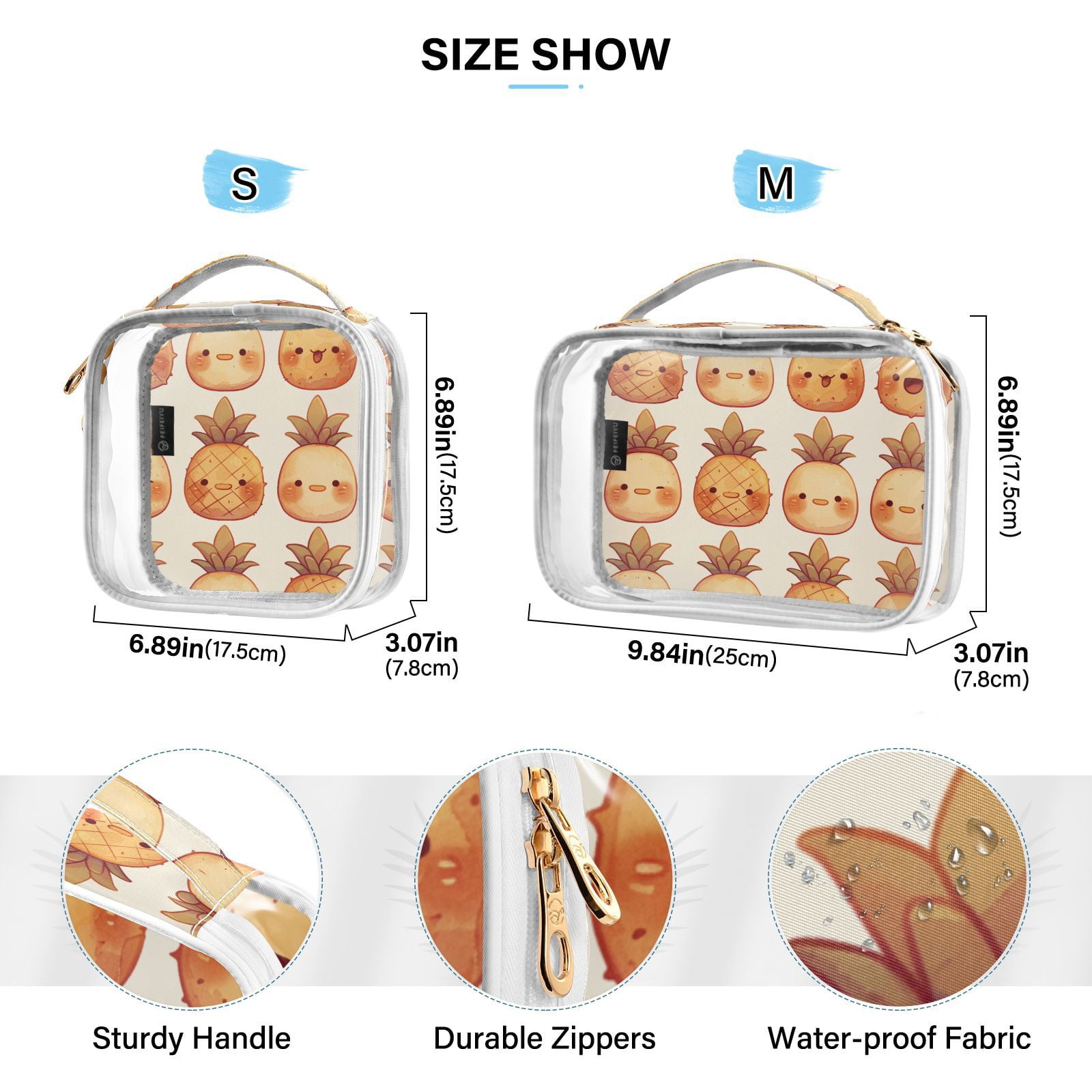 Clear Makeup Bags with Handle Large Opening 2 Pack Set Toiletry Bag Quart Size Bag, for Women Man Traveling Travel Essentials, Toiletries and Other. Cute Pineapples