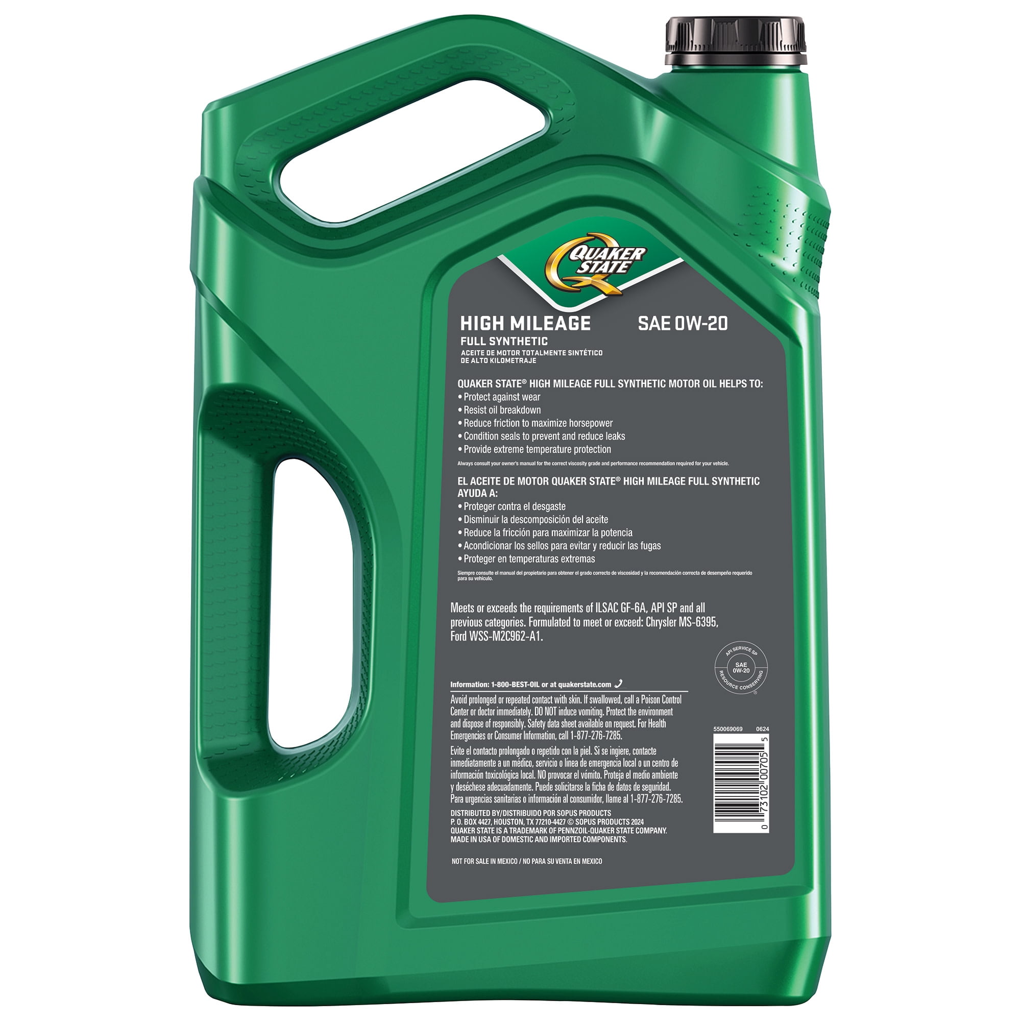 (4 pack) Quaker State Full Synthetic High Mileage 0W-20 Motor Oil, 5 Quart