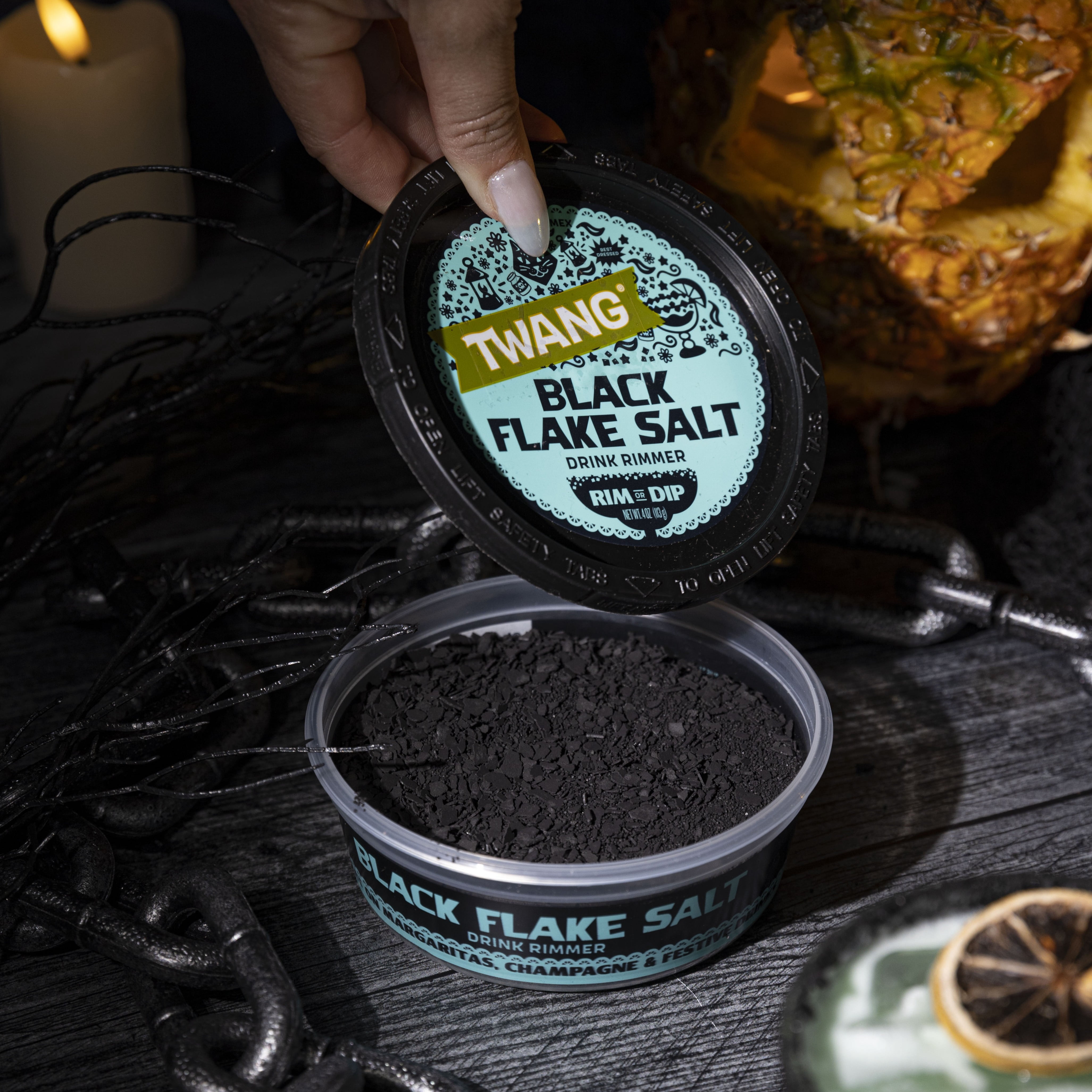 Twang Black Margarita Flake Salt Drink Rimmer, 4 oz; Halloween; Spooky; Dia de los Muertos