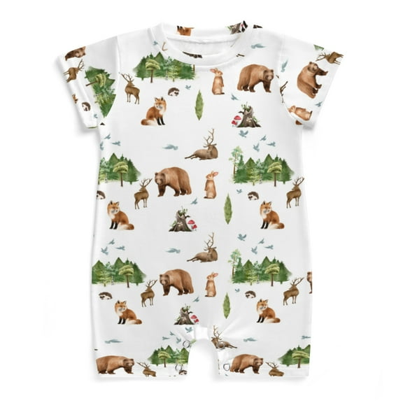 Woodland Animals Green Forest Baby Rompers Boy Girl Bear Deer Fox Hedgehog Rabbit Birds Rompers Short Sleeve Snap Toddler Summer Cotton Clothes