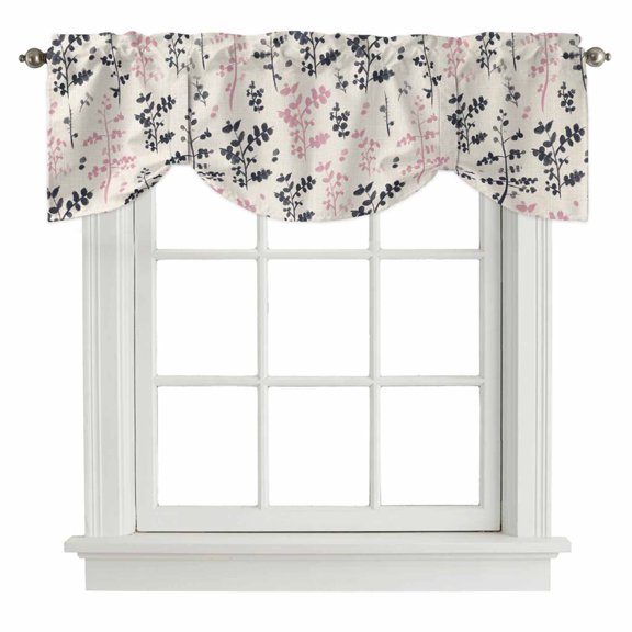 Tie Up Valances for Windows, Grey Pink Botanical Adjustable Valance Curtains Window Treatment for Living Room, Rustic Country Spring Floral Summer Leaf Rod Pocket Kitchen Curtains 60x18 Inch