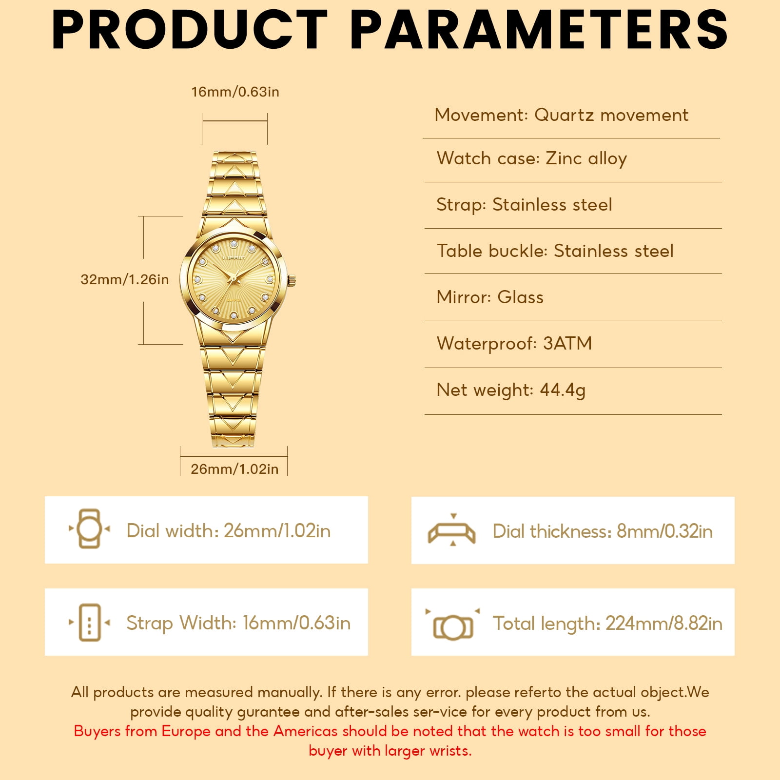 LIEBIG Small Gold Watches for Women Easy Read Ladies Quartz Wrist Watch 3ATM Waterproof Fashion Luxury Female Womens Watch