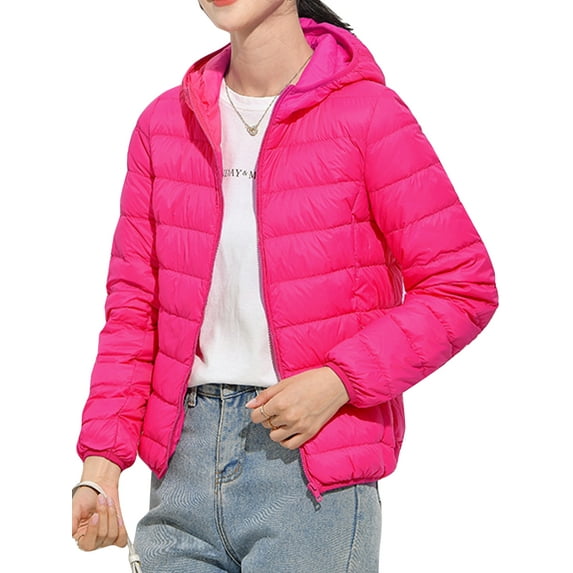 Frontwalk Women Outwear Hooded Coat Pocket Puffer Jacket Outdoor Water-Resistant Down Jackets Full Zip Rose Red M