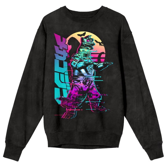 Godzilla Neon Character Art Adult Mineral Wash Black Salt Crew Neck Long Sleeve Sweatshirt
-Medium