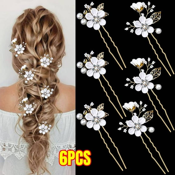 6 PCS Bridal Flower Wedding Hair Pins Crystal Pearl Hair Clips Headpiece Gold Wedding Hair Accessories Jewelry with Rhinestone for Brides Bridesmaids Women