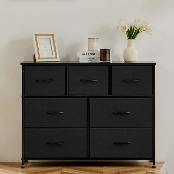 SLOK 7 Drawer Fabric Dresser, Tall Chest Storage Cabinet for Bedroom/Entryway/Living Room, Black