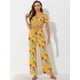 thumbnail image 3 of Conjunto Bohemio Floral Allegra K Para mujer informal Con Cuello cuadrado Blusas Cortas Y Pantalones de Pierna Ancha Naranja L, 3 of 5