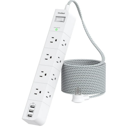 One Beat 10 ft Extension Cord,Power Strip Surge Protector 8 Widely AC Outlets 3 USB,Flat Plug,Desktop Charging Station with Overload Protection,Wall Mount for Home,Office,Travel,Computer ETL Listed