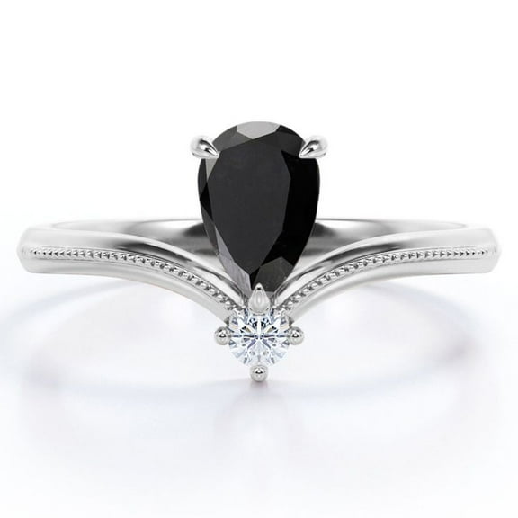 JeenMata Milgrain Border - 1 Carat Pear Cut Lab Grown Black Diamond and Moissanite - V Shaped Double Stone Engagement Ring - 18K White Gold Plating over Silver