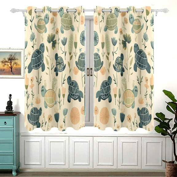 Turtle Floral on Beige Blackout Curtains for Living Room Bedroom 55W x 54L Insulated Window Drapes 2 Panels