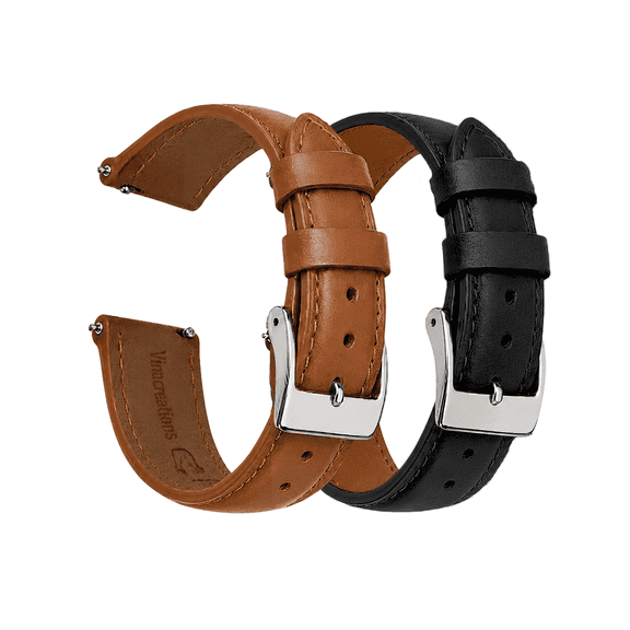 2 Pack 20mm Leather Watch Band, Black and Tan Brown Replacemen Leather Straps with Silver Stainless Steel Buckle, Quick Release Wrist Band Gift for Husband Dad Birthday Christmas