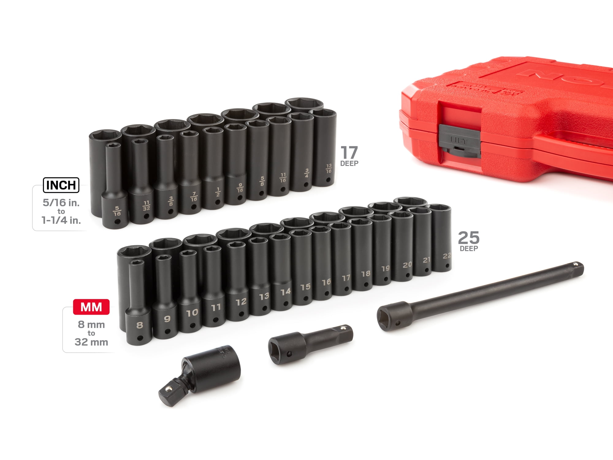 TEKTON 1/2 Inch Drive Deep 6-Point Impact Socket Set with Case, 45-Piece (5/16 - 1-1/4 in., 8-32 mm) | SID92404