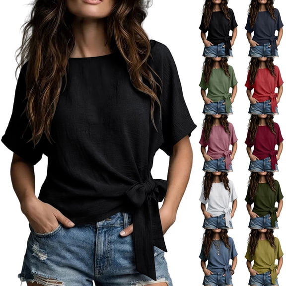 Tqcoqu Womens Cotton Linen Tie Front Blouses 2026 Summer Crew Neck Short Sleeve Basic Tops Shirts,Navy Women's S-XXXL