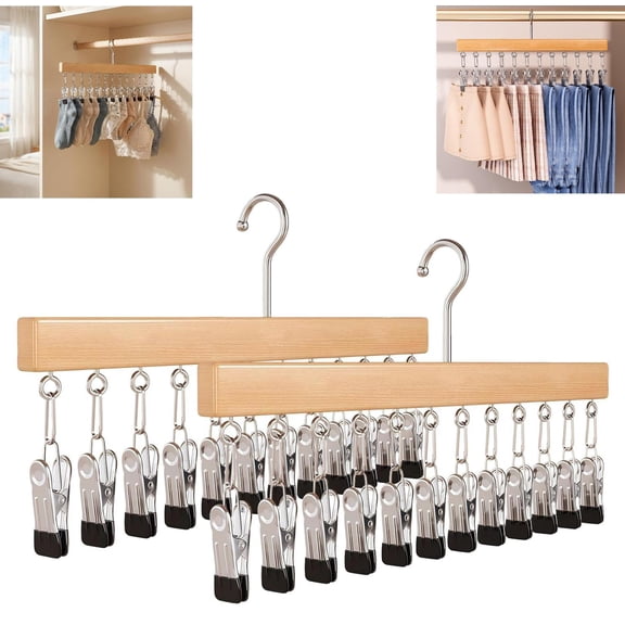 Wood Rotating Closet Organizer with 12 Clips – 2 Pack 360° Metal Hanger for Jeans, Skirts & Leggings