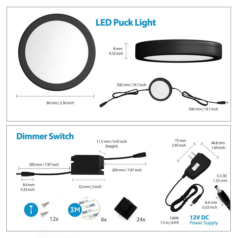 EShine Black Matte LED Puck Lights with Hand Wave Sensor Warm White Pack of 3 