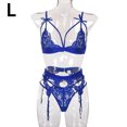 thumbnail image 1 of Conjunto de ropa interior de encaje floral de 3 piezas para mujer, sujetador sexy, bragas, liguero, azul, L AweSitey XX000052-24, 1 of 7