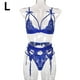 thumbnail image 1 of Conjunto de ropa interior de encaje floral de 3 piezas para mujer, sujetador sexy, bragas, liguero, azul, L Inevent XX000052-24, 1 of 7