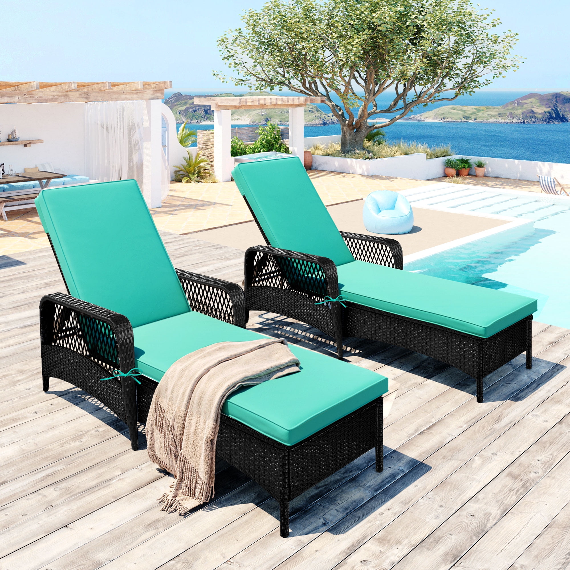 Patio Lounge Chairs Set of 2, Outdoor Chaise Lounges Chairs with 6 ...