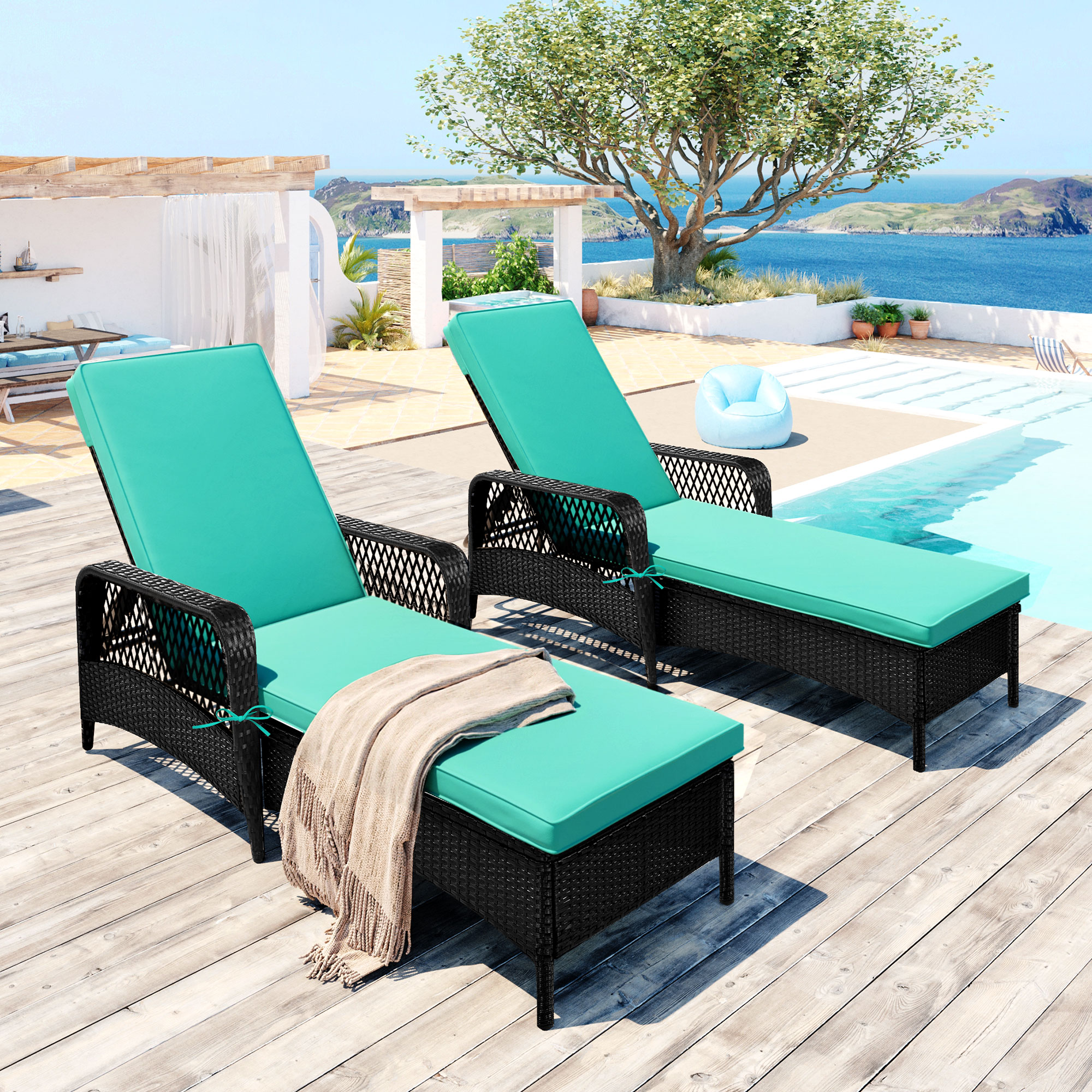 Patio Lounge Chairs Set of 2, Outdoor Chaise Lounges Chairs with 6 Backrest Angles, and Removable Cushions, PE Rattan Backrest Lounger Chairs Set for Pool Porch Backyard Patio, K2693 - image 1 of 10