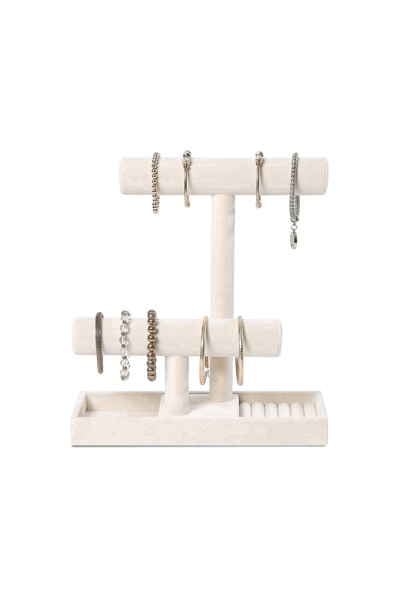 2 Tier Jewelry Holder,Necklace Bracelet Holder with Earrings Rings Tray,Jewelry Organizer Stand for Girls (Beige Velvet)