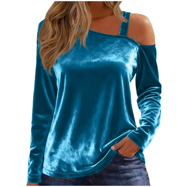 Off The Shoulder Tops, Velvet Casual Solid Color Spliced Off Shoulder Long Sleeve, Women's Top