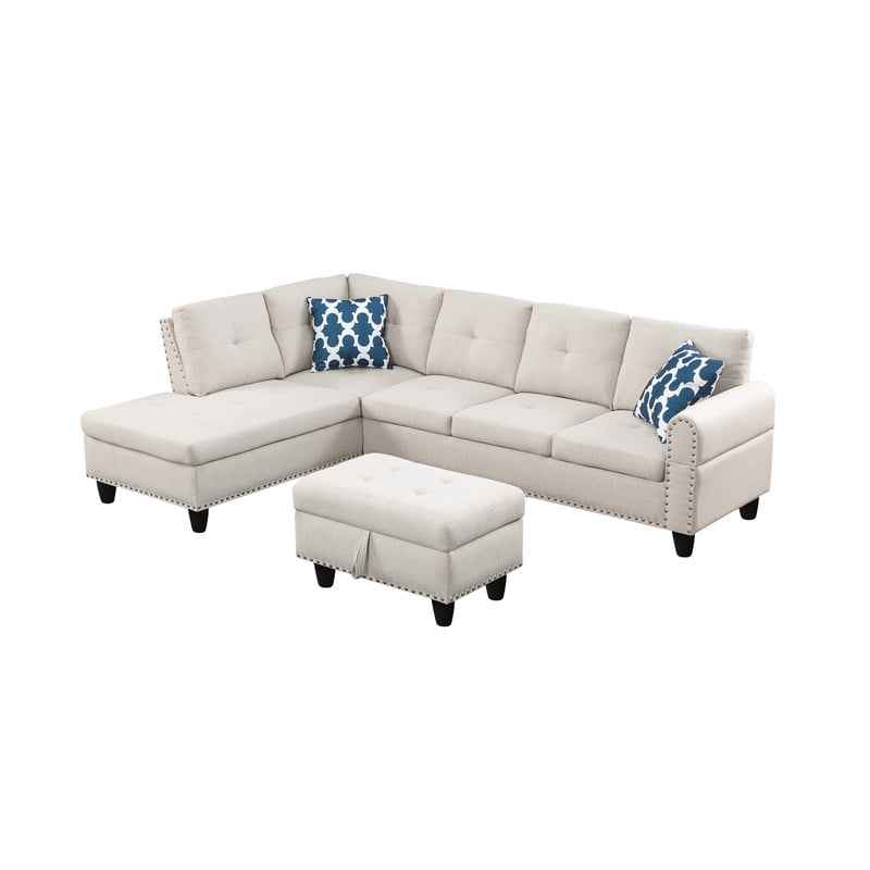 98" L-Shaped Sectional Sofa with Storage Ottoman, 4-Seat Linen Upholstered Modular Couch with Left Chaise, Drop-Down Backrest with Cup Holders, Nailhead Trim, 3-Piece Sofa Set for Living Room, Office