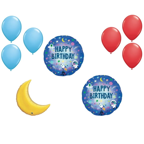 LOONBALLOON Space, Alien, Rocket Theme Balloon Set, 2x Birthday Outer Space Holographic Balloons, Moon Foil and 6x latex balllons