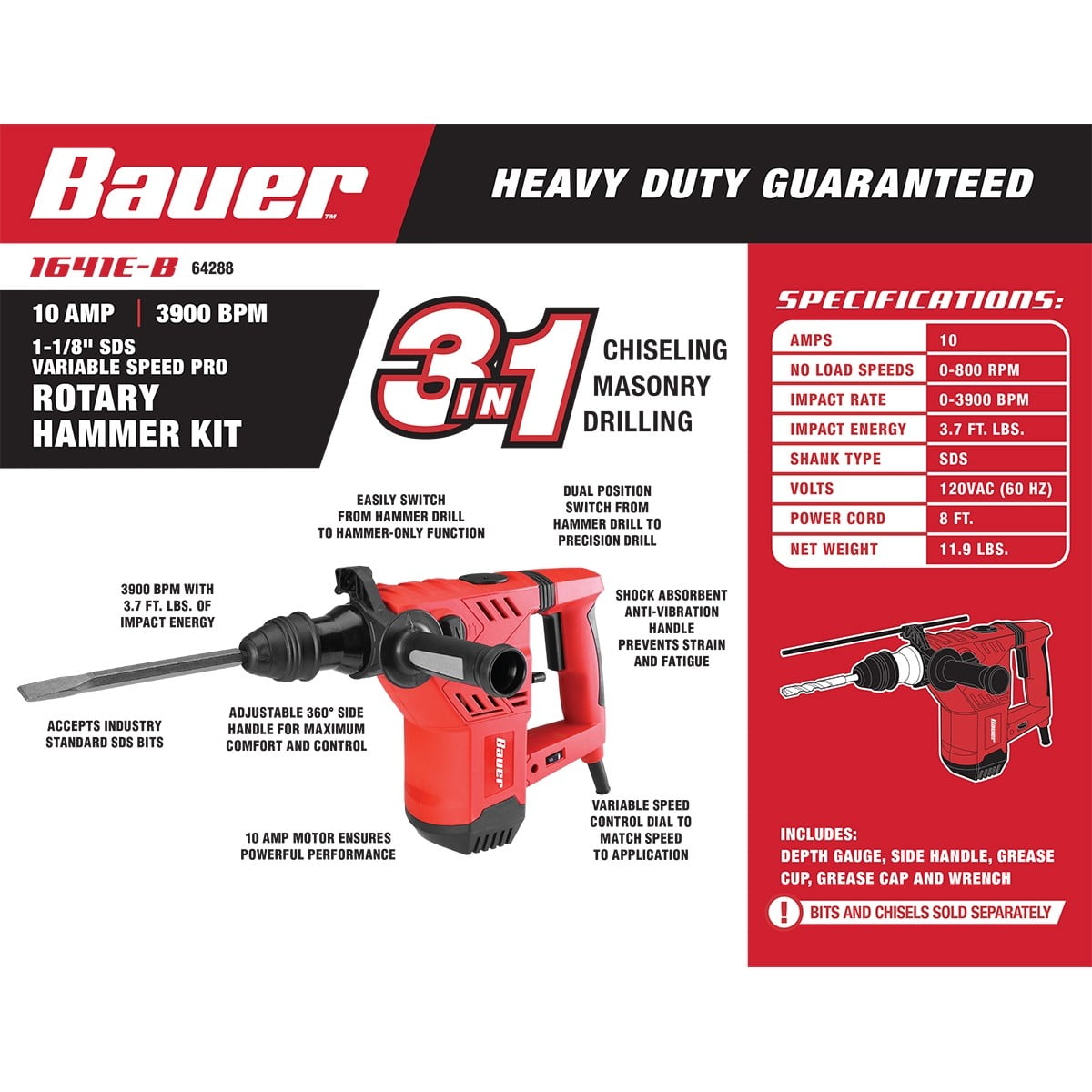 Bauer 11/8" SDS Variable Speed Pro Rotary Hammer Kit R/harborfreight