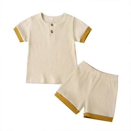 

Toddler Baby Boys Girls Short Sleeve Solid Ribbed Knit Tops Pants Set Outfits
